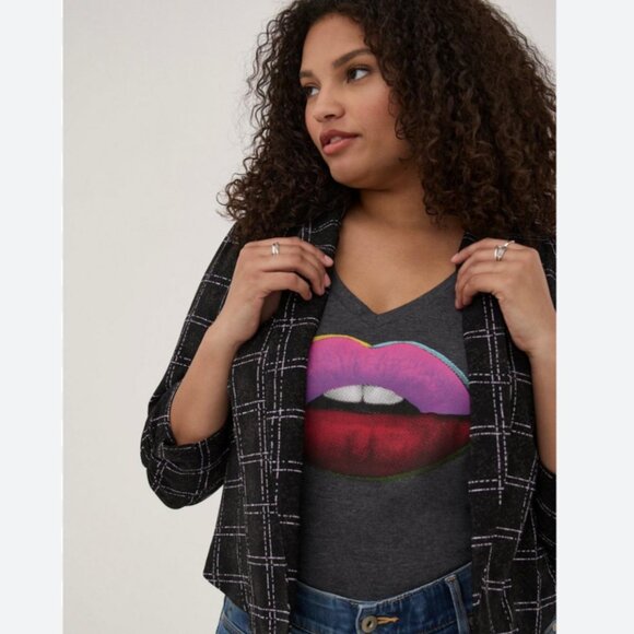 ๐ TORRID Rouched Sleeve Open Front Blazer Crepe Plaid Black Sz 3 | 3X - Picture 16 of 16